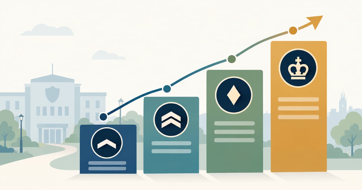 Illustration of police officer rank progression from constable to chief officer, with a rising four-step pay scale.