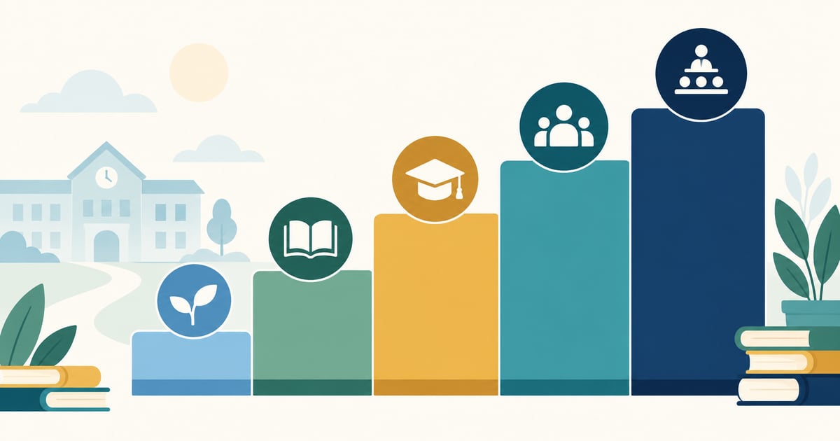 Illustration of teacher career progression from early career teacher to school leadership, with a rising five-step pay scale.